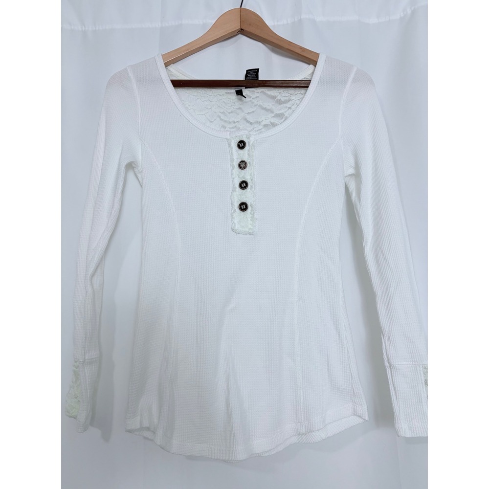Y2K White Waffle Knit Lace Bella Swan Twilight Henley Long Sleeve Top Size M